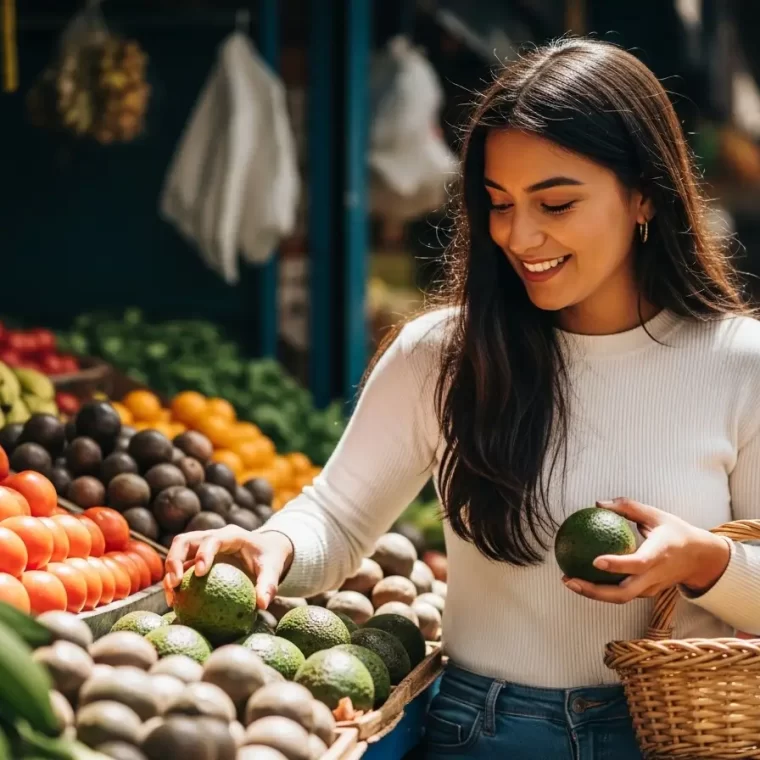 Una persona sonriendo mientras elige verduras frescas y coloridas en una plaza de mercado en Colombia, siguiendo consejos para comer sano y económico.