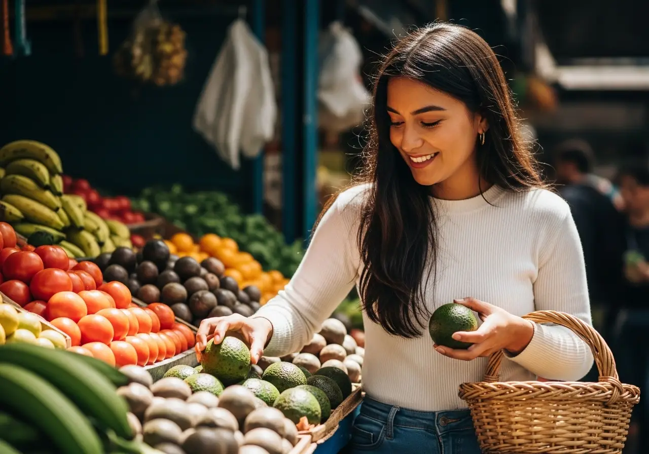 Una persona sonriendo mientras elige verduras frescas y coloridas en una plaza de mercado en Colombia, siguiendo consejos para comer sano y económico.