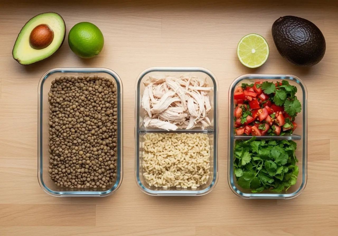 Recipientes de batch cooking con comida saludable y económica preparada para la semana, incluyendo arroz, lentejas y pollo.